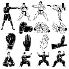 Monochrome Fighting and Martial Arts Icons: Boxing, Karate, Judo, Kung Fu, and Hand Poses Vector Set