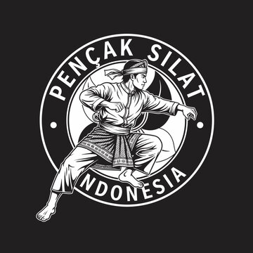 Dynamic Pencak Silat Indonesian Martial Arts Logo in Black and White Monochrome Style