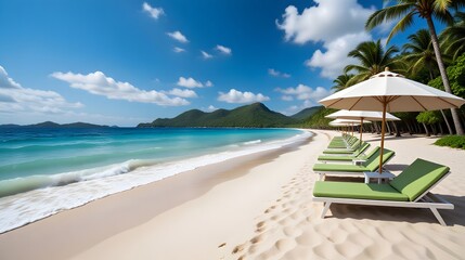 Obraz premium Escape to paradise with this idyllic beach scene featuring turquoise water, white sand, and inviting lounge chairs under sun umbrellas for ultimate relaxation