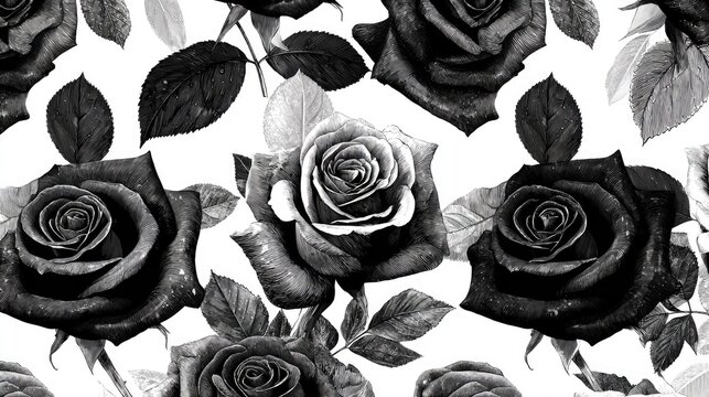 Monochrome roses create a dramatic and classic floral pattern on a white background.