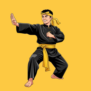 Smiling Silat Fighter Performing a Defensive Stance in Traditional Black Uniform Vector Illustration