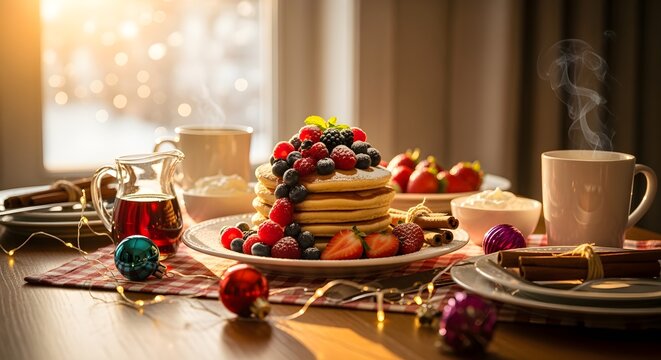 Cozy winter morning breakfast with steaming pancakes and fresh berries, adorned with festive holiday lights.