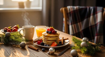 Cozy winter morning breakfast with steaming pancakes and fresh berries, bathed in warm sunlight.