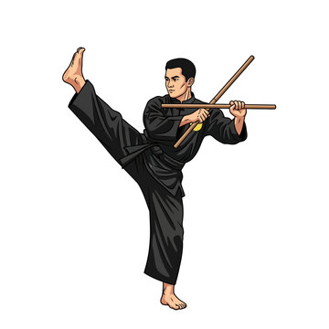 Pencak Silat Warrior in High Kick Stance Holding Arnis Sticks - Martial Arts Vector