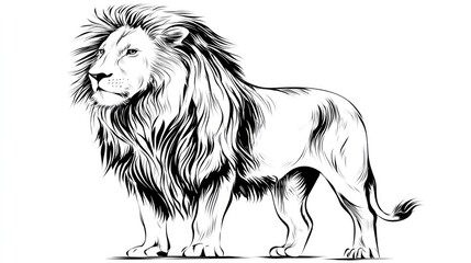 Obraz premium Majestic lion stands tall in a detailed, striking black and white illustration.