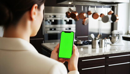 Hand holding smartphone with bright green screen in modern kitchen, surrounded by cooking utensils, cookware, and appliances, ideal for app mockups, digital previews, and tech concepts