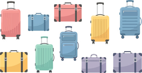 Colorful Suitcases Set in Various Sizes and Colors for Travel and Luggage