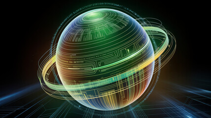 Futuristic global technology sphere with glowing circuit patterns, perfect for innovation concepts, digital transformation, and advanced network solutions visuals