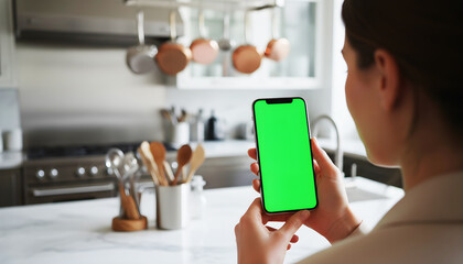 Hand holding smartphone with vibrant green screen in modern kitchen, featuring utensils, cookware, and appliances, ideal for app mockups, digital previews, and tech concepts