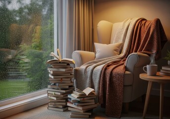 Cozy Living Room Interior with Lake View