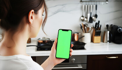 Hand holding smartphone with bright green screen in contemporary kitchen, featuring utensils, cookware, and appliances, ideal for app mockups, digital design previews, and tech presentations
