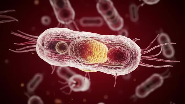 Microscopic bacteria cell structure, isolated view with red background, for medical, science publications