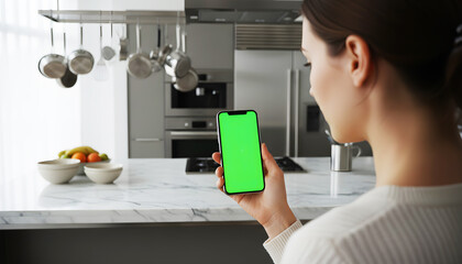 Hand holding smartphone with bright green screen in modern kitchen, featuring cooking tools and appliances, ideal for app mockups, digital design previews, tech presentations