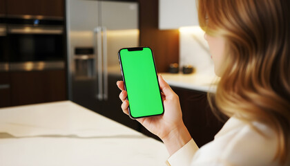 Hand holding smartphone with bright green screen in a modern kitchen setting, featuring cooking tools, utensils, and appliances ideal for app mockups, digital design previews, and tech presentations