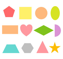 Collection of basic colorful shapes for kids learning.