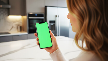 Hand holding smartphone with vibrant green screen in a bright contemporary kitchen, featuring cooking tools, utensils, and modern appliances, ideal for digital mockups, mobile app previews, product