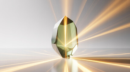 Radiant crystal gemstone emitting golden light beams, a symbol of clarity, healing, and positive energy for wellness brands and modern lifestyle visuals