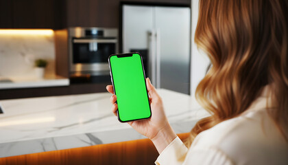 Hand holding smartphone with bright green screen inside a stylish modern kitchen, surrounded by cookware, utensils, and appliances, perfect for product mockups, app demonstrations, design previews
