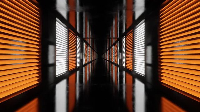 Abstract tunnel with parallel orange and white illuminated blinds.