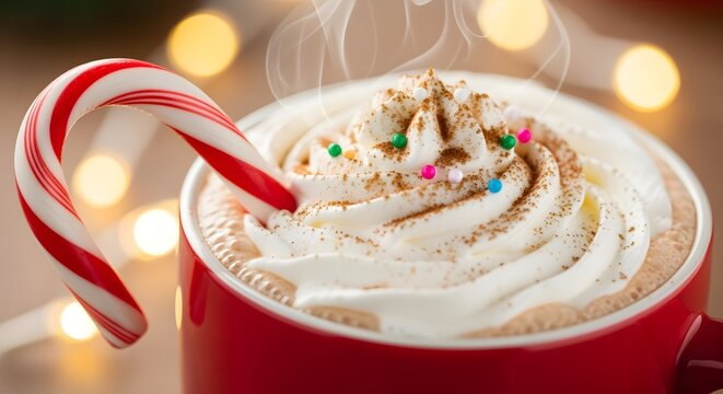 Warm and sweet holiday indulgence with steaming hot chocolate topped with whipped cream and a candy cane.