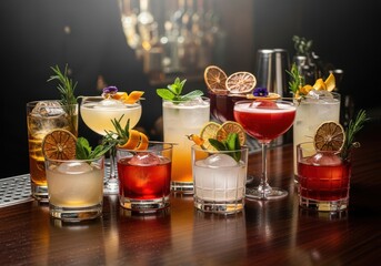 Colorful Cocktails in Glasses on Bar Counter