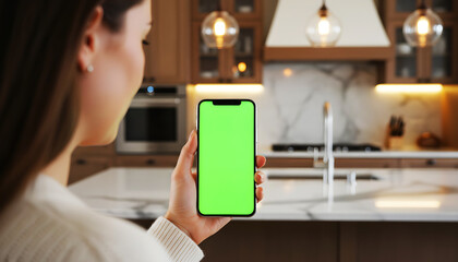 Hand holding smartphone with vivid green screen in a bright modern kitchen, surrounded by cooking tools, utensils, and contemporary appliances, ideal for mockups, app demonstrations, branding visuals