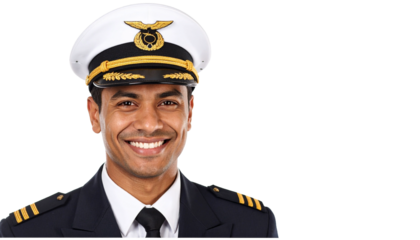 Confident airline pilot smiling wearing uniform and hat