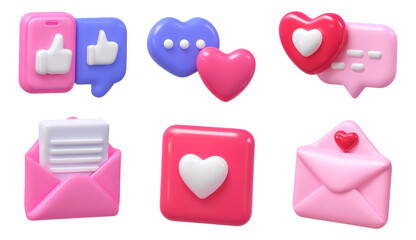 Colorful Heart Icons with Speech Bubbles and Envelopes for Social Media Communication