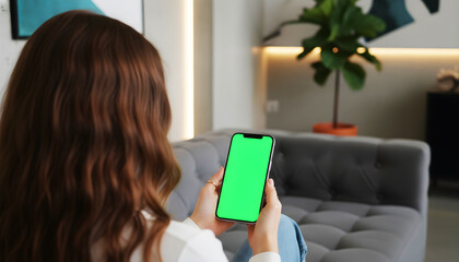 Hand holding smartphone with green screen in a bright modern living room, featuring contemporary furniture, stylish decor, warm natural lighting, and a cozy clean interior ideal for app or UI mockups