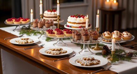 Elegant dessert spread with festive cakes and tarts illuminated by candlelight.