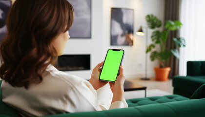 Hand holding smartphone with green screen in a modern stylish living room, featuring elegant furniture, soft warm lighting, and a relaxed clean interior, perfect for technology mockups