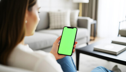 Hand holding smartphone with green screen in a modern cozy living room, featuring natural sunlight, minimalist decor, comfortable furniture, and a relaxed stylish atmosphere ideal for app mockups