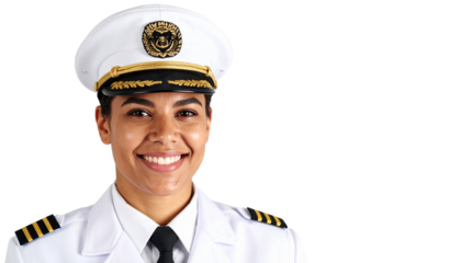 Confident airline pilot smiling wearing uniform and hat