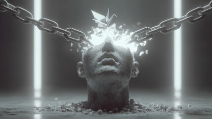 Surreal Concept of Freedom with Broken Chains and Origami Bird in Head