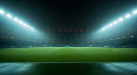 Bright stadium lights flash blue rays into the dark night sky, a vibrant design illustrating energy and space on a green stadium backdrop