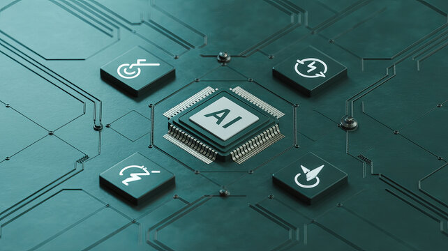 AI processor chip with data flow icons, representing modern technology, innovation, and smart systems for business and creative applications, futuristic technology.