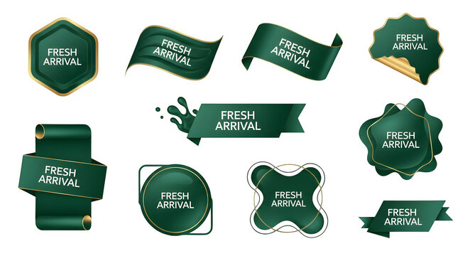Collection of green fresh arrival labels with gold accents on a black background for product promotion use