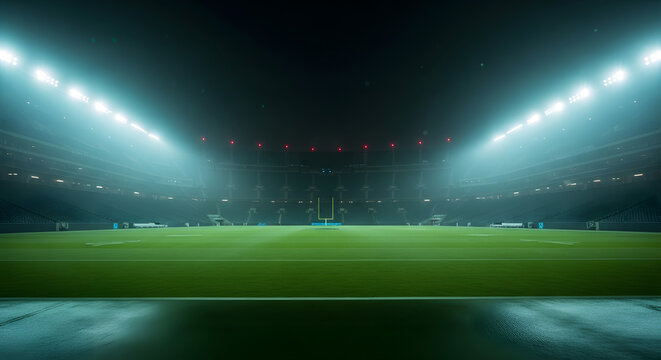 Bright stadium lights flash blue rays into the dark night sky, a vibrant design illustrating energy and space on a green stadium backdrop