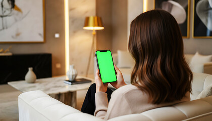 Hand holding smartphone with bright green screen in a stylish contemporary home interior, capturing modern lifestyle, elegant furniture, warm ambient lighting, and perfect setup for digital mockup use