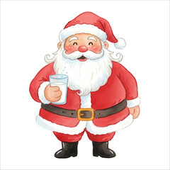 Watercolor Santa Claus holding milk mug, cute festive Christmas illustration on white background
