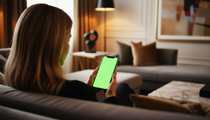 Hand holding smartphone with bright green screen in a stylish modern living room, featuring elegant decor, comfortable furniture, soft warm lighting, and a relaxed cozy atmosphere