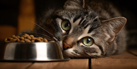 Close-up of a domestic cat sitting near a bowl of dry food on a wooden table at home, emphasizing pet nutrition and the healthy feeding of a beloved animal companion.