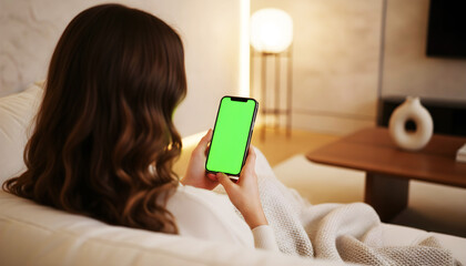 Hand holding smartphone with blank green screen in stylish modern living room, featuring cozy furniture, warm ambient lighting, elegant decor, and relaxed atmosphere ideal for app mockups and tech con