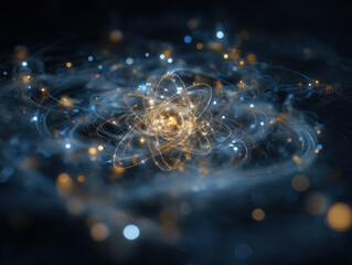 Abstract 3D render visualizing a glowing atom with orbital paths in gold and blue energy fields. Symbolizes quantum physics, subatomic particles, scientific research, and advanced technology