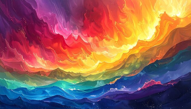 A vibrant digital illustration depicts a surreal landscape. Swirling colors of rainbow hues overlay mountain-like shapes, evoking an abstract natural scene