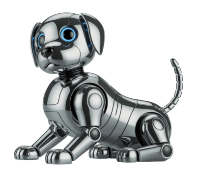 Futuristic Metallic Silver Robot Dog Puppy with Glowing Blue Eyes in Crouched Pose, Isolated on Transparent and White Background