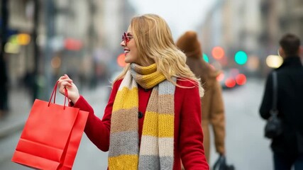 Smiling woman with shopping bags in vibrant colors, wearing stylish sunglasses and scarf, enjoying Black Friday sale shopping experience in a bustling urban environment	 - Powered by Adobe