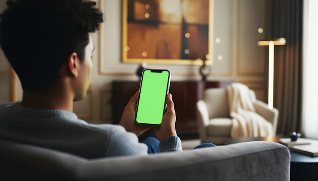 Hand holding smartphone with blank green screen chroma key for digital content streaming and online connectivity concept featuring man using mobile device in cozy modern living room - Powered by Adobe
