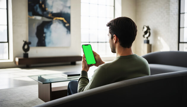 Hand holding smartphone featuring empty chroma key display for user experience testing and social media advertisement placement showing businessman relaxing on sofa in blurred home interior