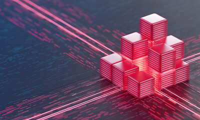 Modern data visualization with glowing red cubes showing dynamic growth trend